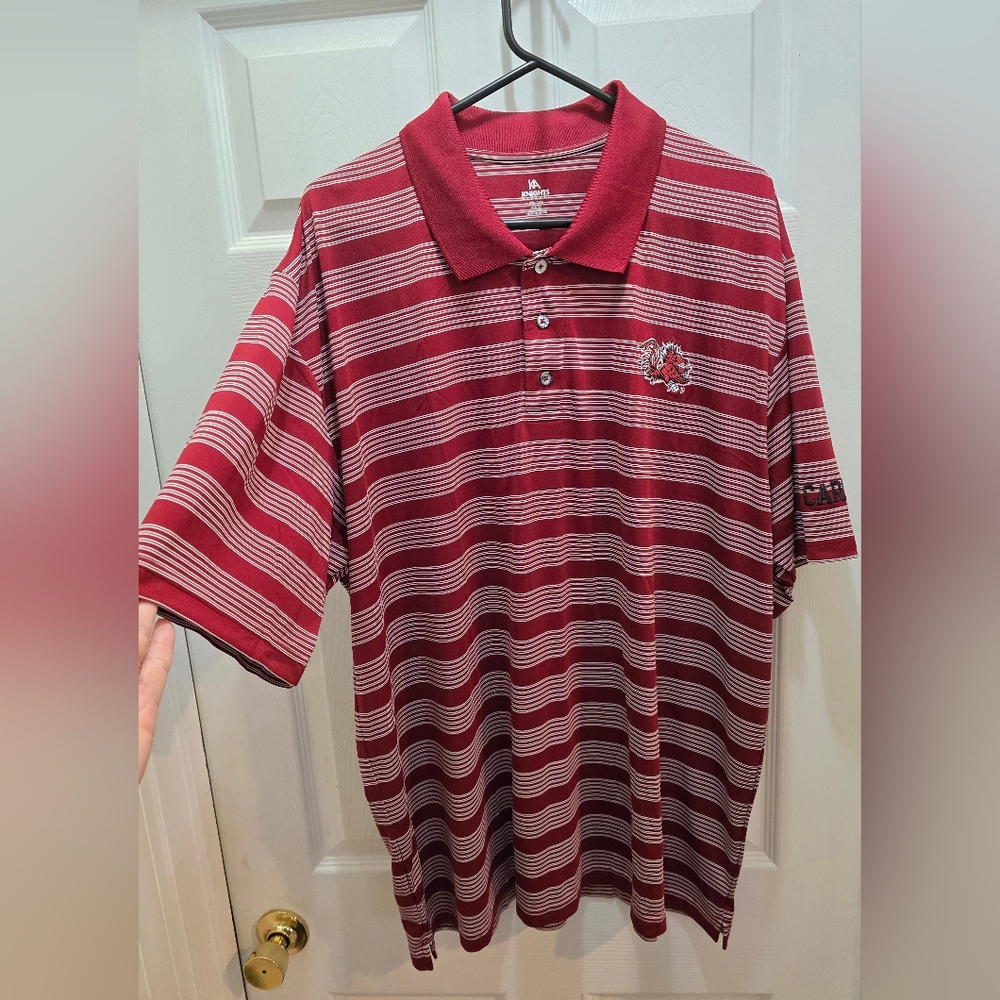 Gamecock Embroidered Striped Garnet and White Polo Shirt, 2xl